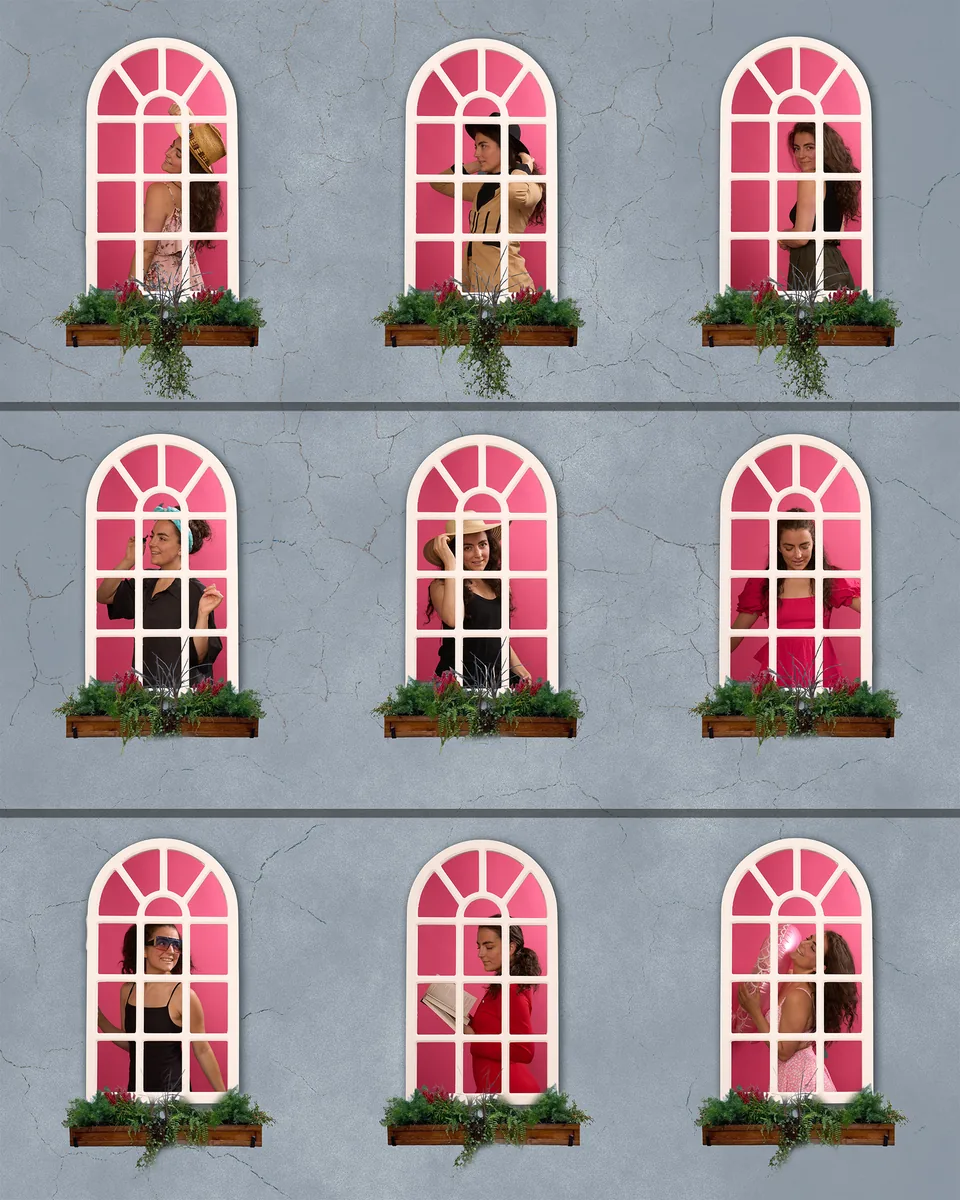 Nine women are each framed separately by tall white windows set in a cracked gray wall, with bright pink backgrounds visible through the windows and green plants on window ledges.