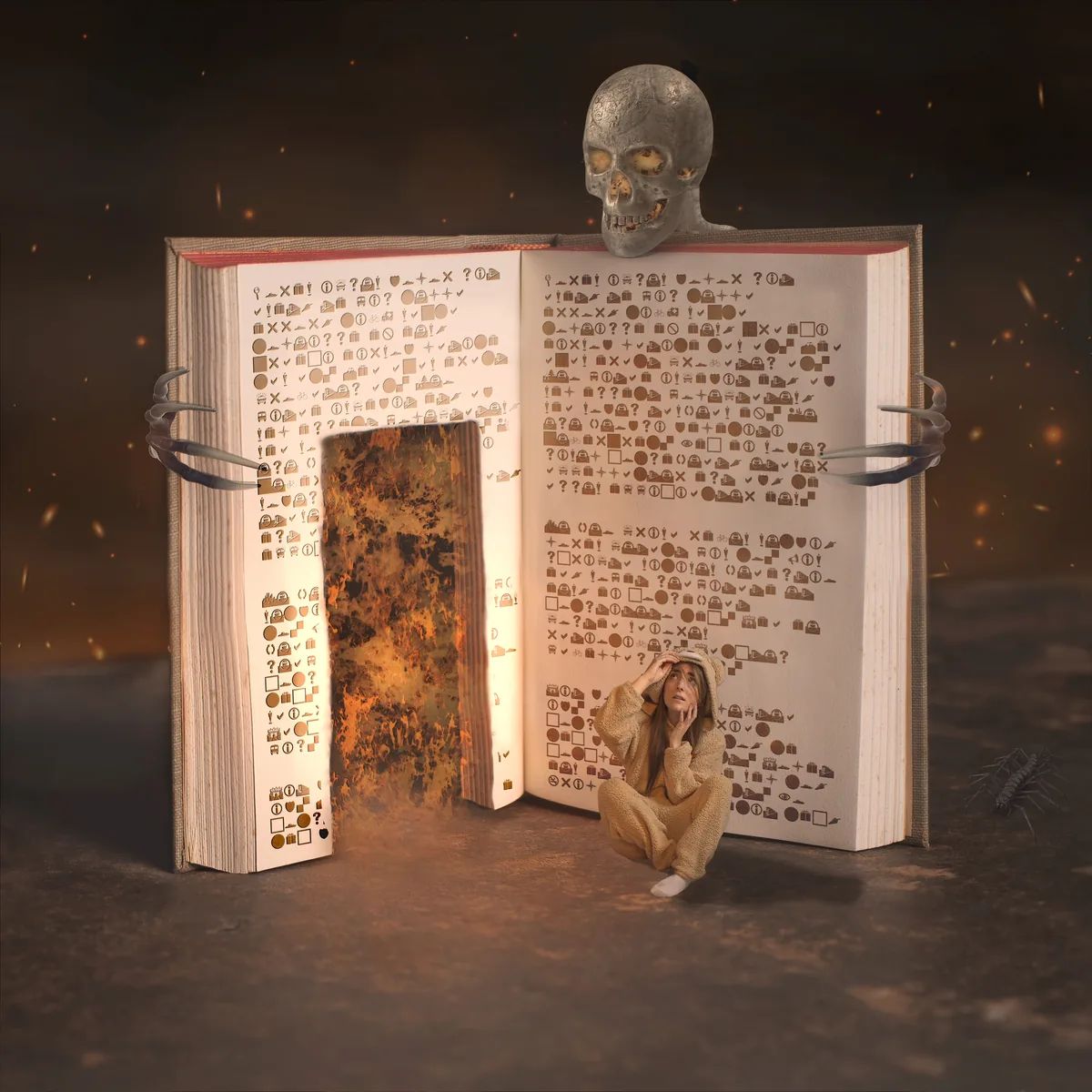 A person in a textured, beige outfit sits on the ground next to a large open book with an illuminated fiery doorway, held by skeletal hands and topped with a skull, in dim lighting.