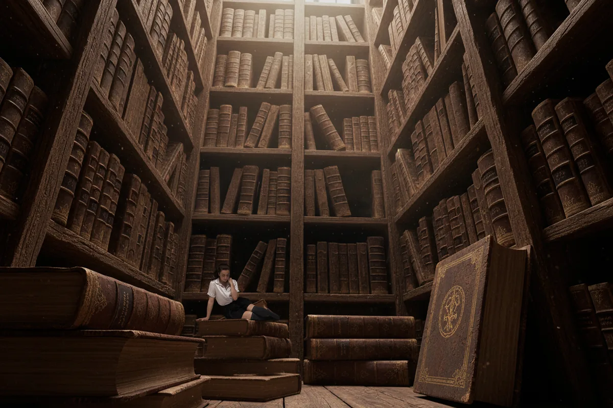 A young woman in a white shirt and dark skirt sits on a stack of oversized old books in a dimly lit, tall wooden library filled with large tightly packed books.
