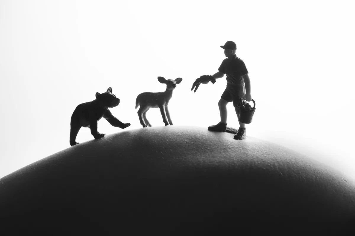 Black and white image shows three small figurines— a bear, a deer, and a boy holding a bucket and glove— standing on a rounded patch of human skin lit from behind.
