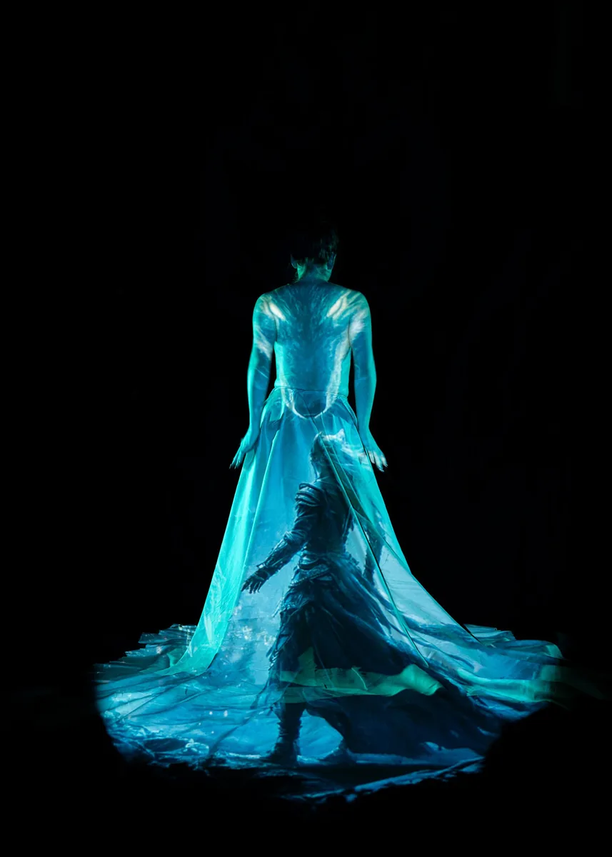 A person stands with their back facing the viewer, wearing a translucent flowing fabric that has a blue-toned projection of a fantasy character in a dynamic pose, creating a mystical and artistic visual effect against a black background.