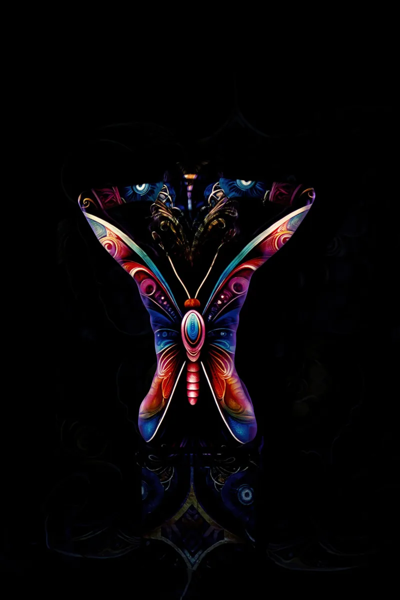 Silhouetted person with arms raised behind head, body painted with colorful butterfly design featuring intricate patterns in red, blue, purple, and orange against a black background