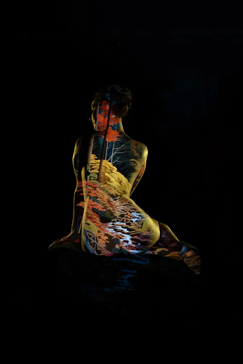 A figure sits with their back to the camera, illuminated by a projection of an autumn landscape with trees, rocks, and a stream in warm tones, against a dark background.