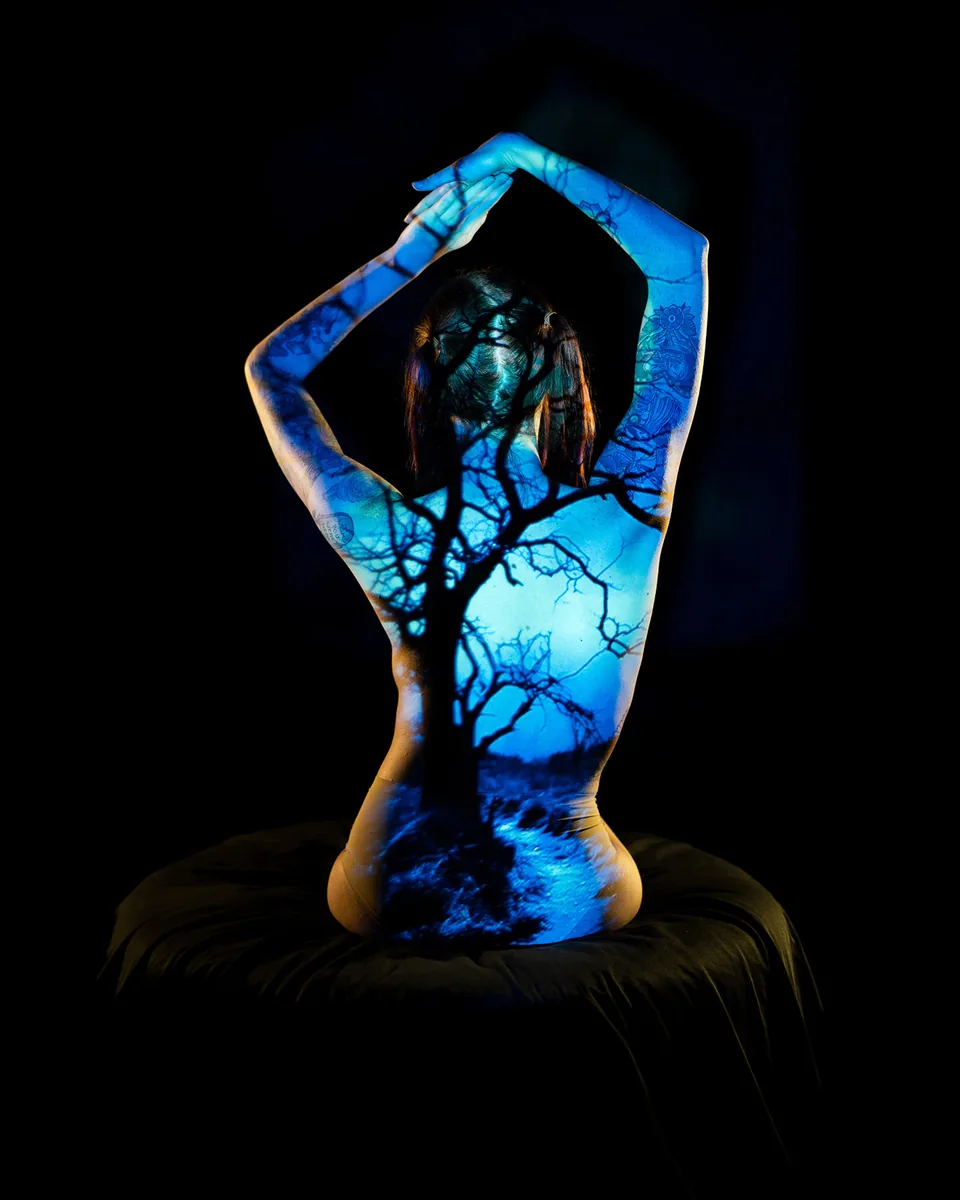 A person seated with back facing the camera, arms gracefully raised and hands touching above the head, illuminated by a blue light projection of a tree with bare branches against a dark background.