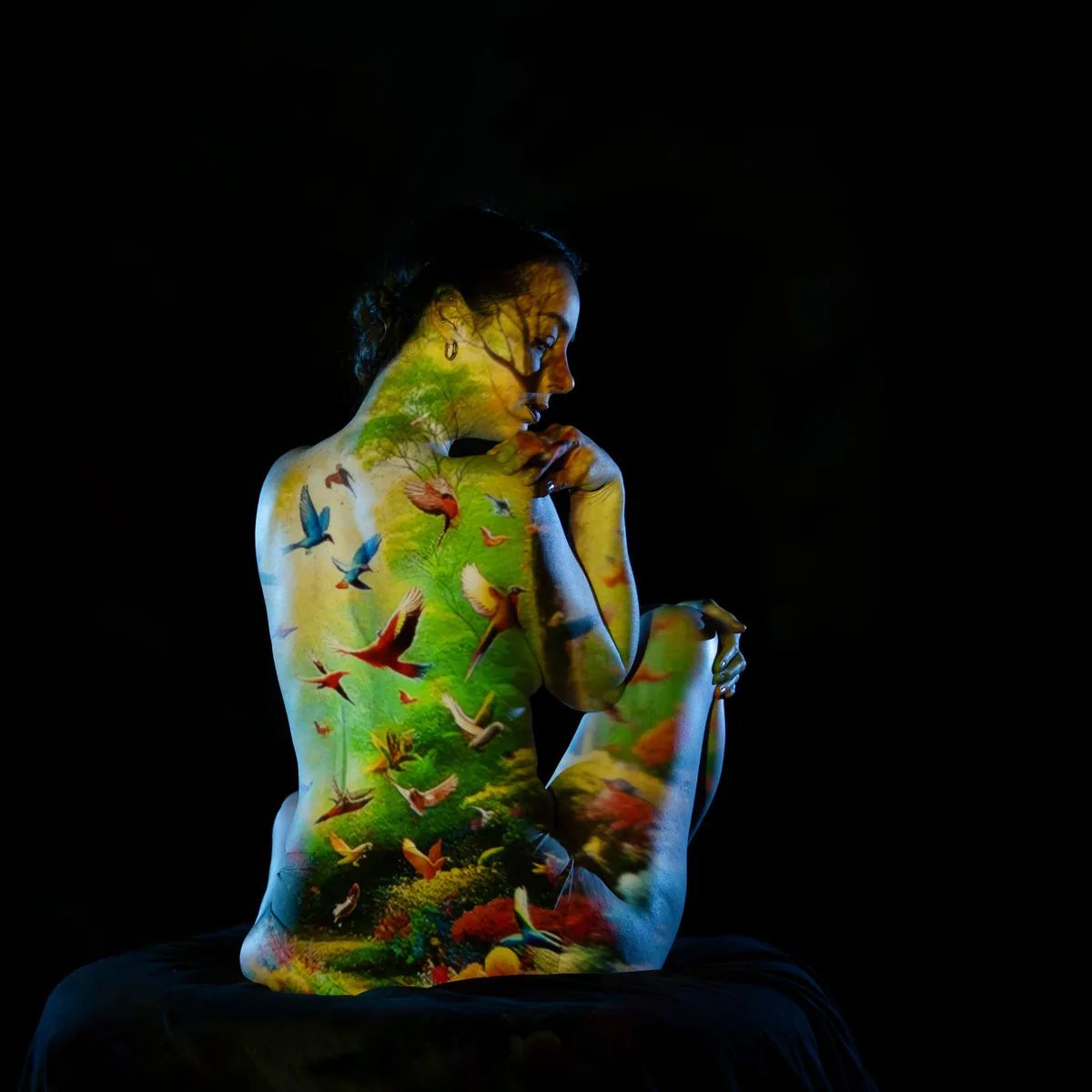 A person sits with their back turned, a colorful projection of trees and flying birds covering their skin, set against a dark background with subtle shadows highlighting the pose.