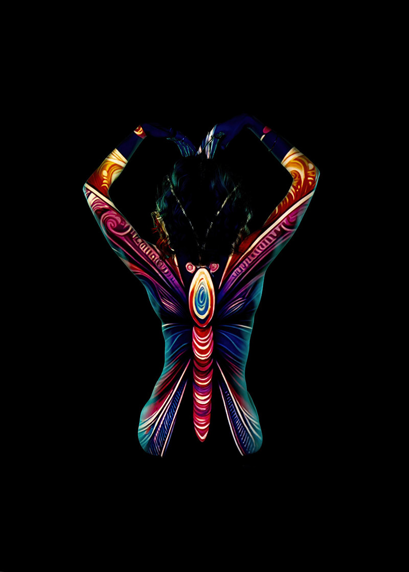 Back view of a person with arms raised above head, painted with colorful butterfly wings design blending red, blue, purple, and orange hues against a black background