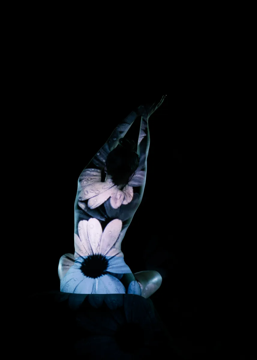 A person sits with their back to the camera, arms extended upward, with a projection of large daisy flowers covering their back and part of their legs against a black background.
