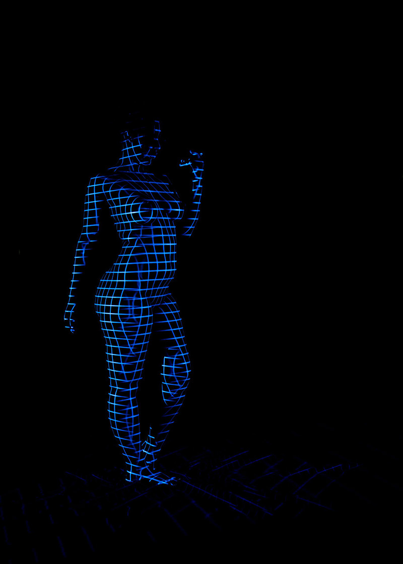 Nude figure standing with a blue grid pattern projected across the body against a black background