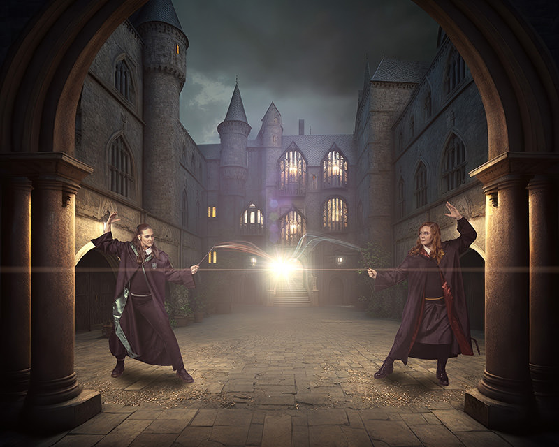 Cosplay dueling witches ancient courtyard