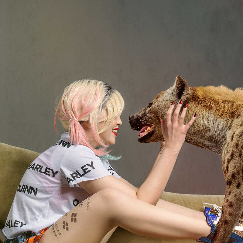 Cosplay playful woman and hyena