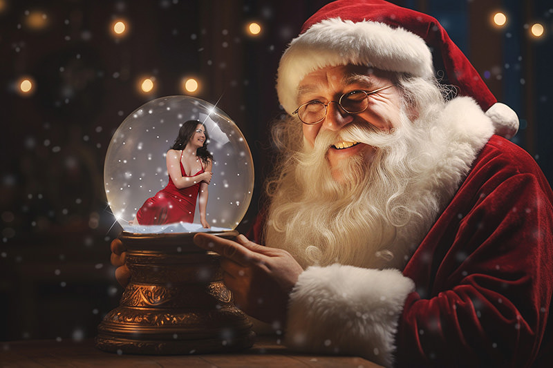 Cosplay santa snow globe surprise