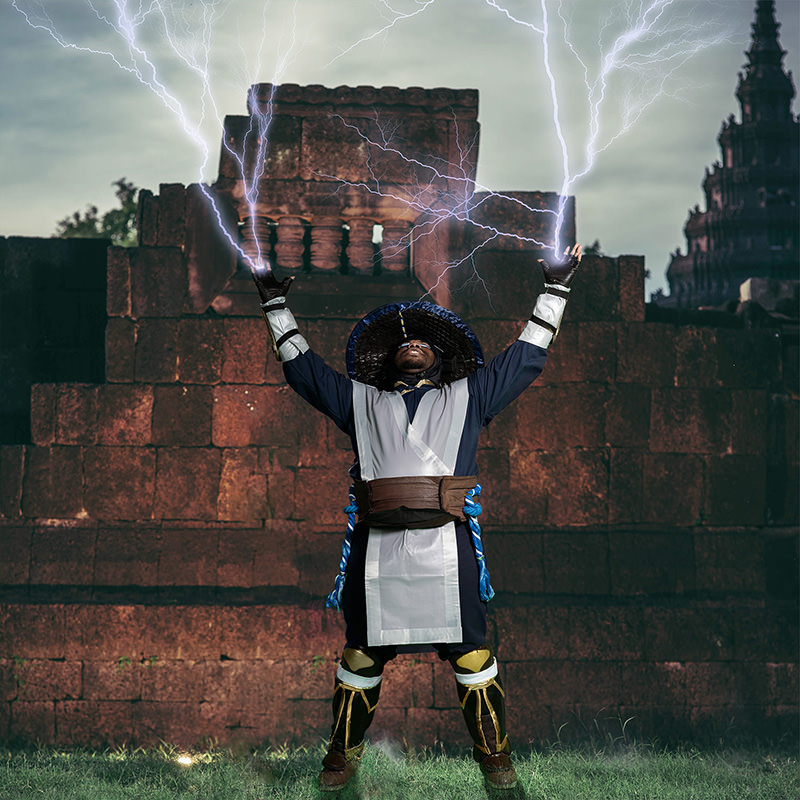 Cosplay warrior harnessing lightning