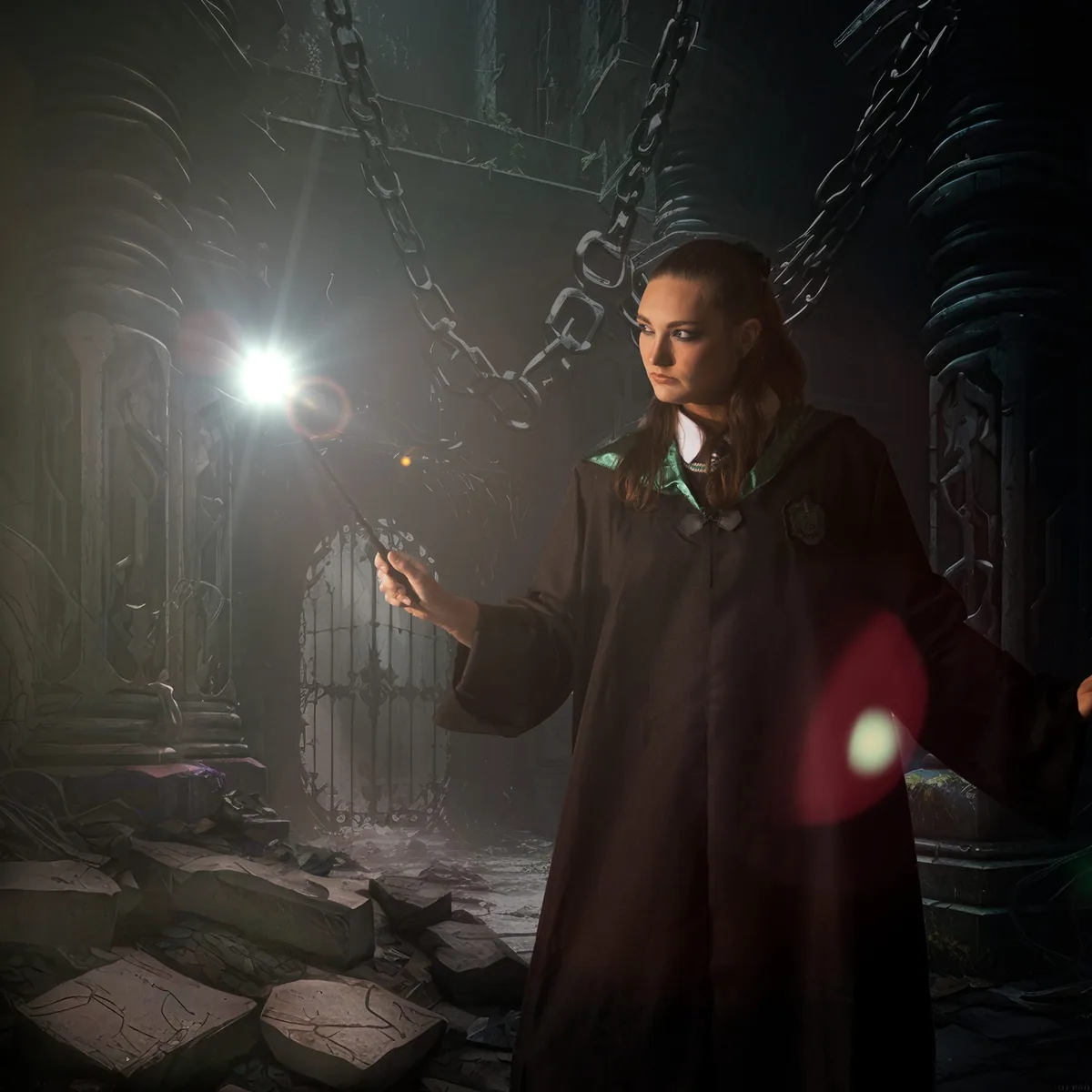 Young woman dressed in a wizard robe with a green lining, holding a wand emitting bright light, standing in a dark, ancient stone ruin with large chains hanging and broken stone debris scattered on the ground
